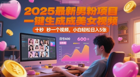 2025最新男粉项目，一键生成美女视频，日引600+色粉 十秒一个视频，小白轻松日入5张【揭秘】-仙女副业网