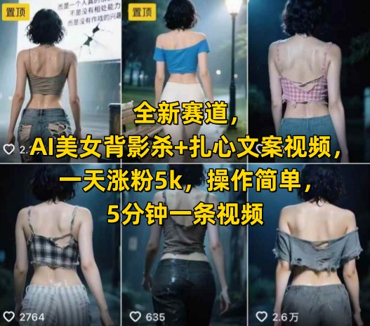 全新赛道，AI美女背影杀+扎心文案视频，一天涨粉5k，操作简单，5分钟一条视频-仙女副业网