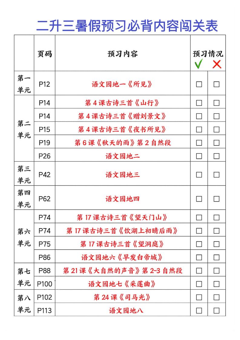 2025秋二升三暑假预习闯关表三上语文-仙女副业网