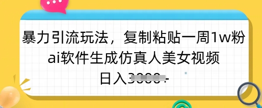暴力引流玩法，复制粘贴一周1w粉，ai软件生成仿真人美女视频，日入多张-仙女副业网