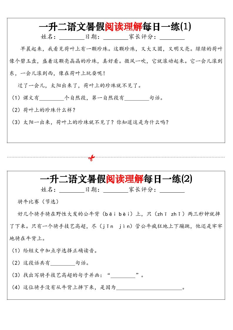 一升二语文暑假阅读理解每日一练32天（16页）-二上语文-仙女副业网