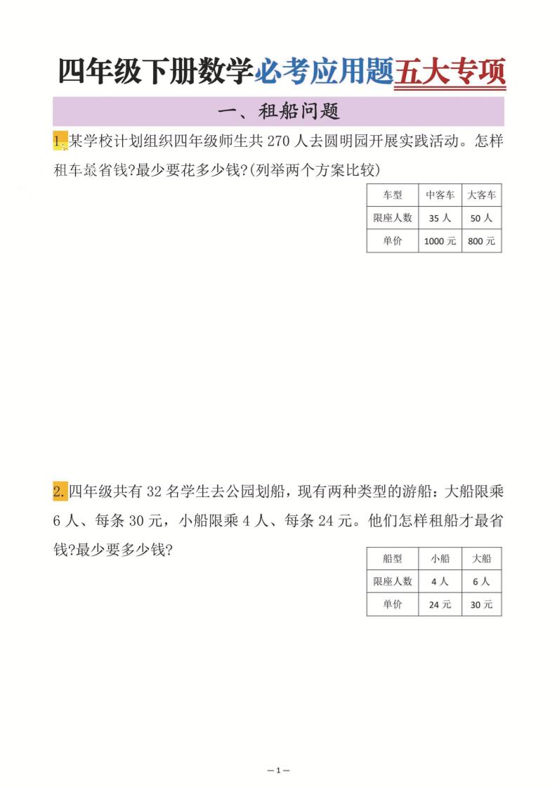 四年级下数学必考应用题五大专项-仙女副业网
