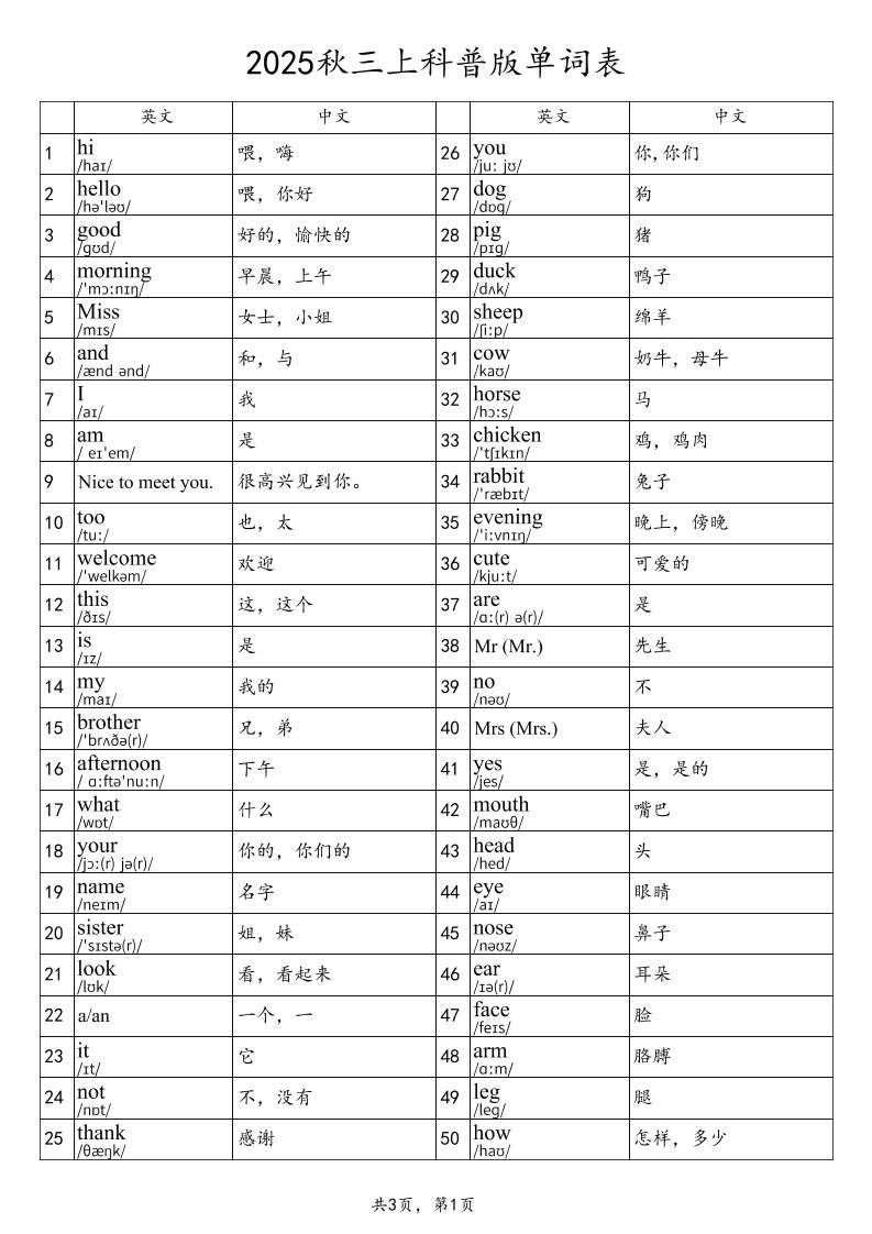 2025秋三上英语科普版单词表-仙女副业网