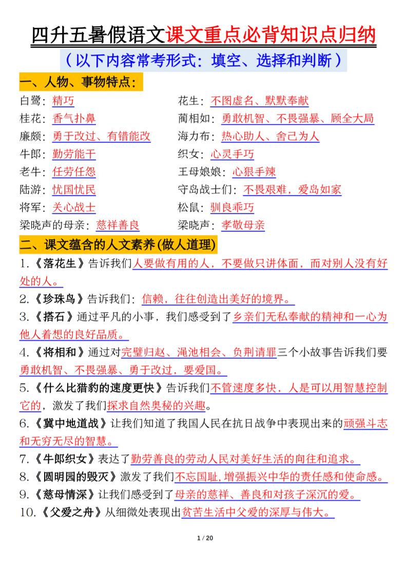 四升五年级暑假语文课文重点必背知识点归纳输出（20页）-五上语文-仙女副业网
