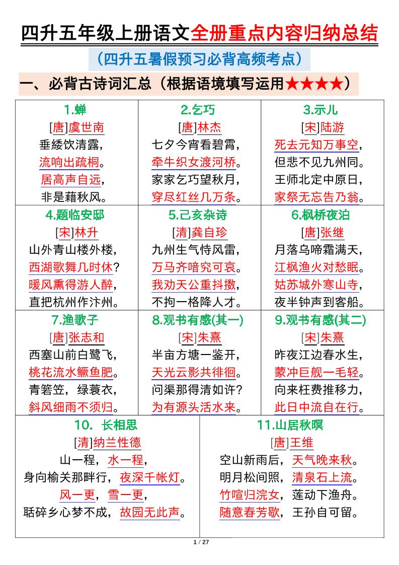 四升五年级上册语文全册重点内容归纳总结输出27页-五上语文-仙女副业网