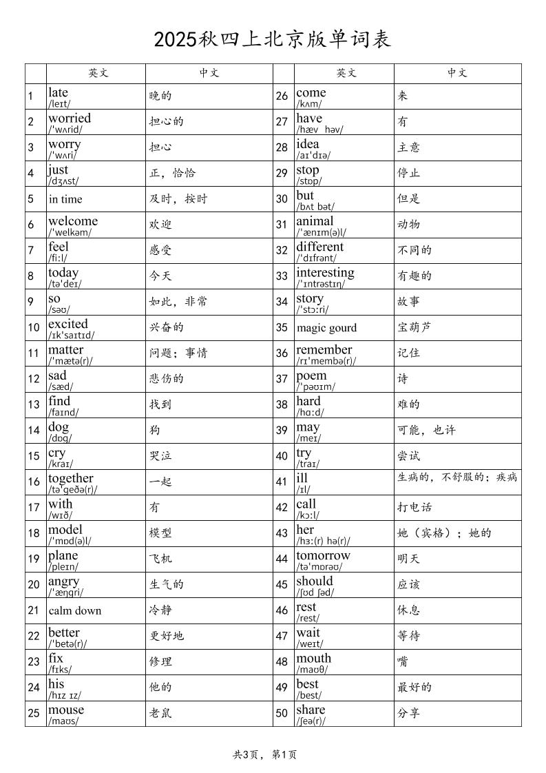 2025秋四上英语北京版单词表-仙女副业网