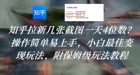 知乎拉新几张截图一天4位数？操作简单易上手，小白最佳变现玩法，附保姆级玩法教程-仙女副业网