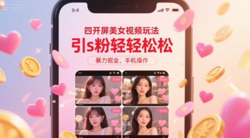 四开屏美女视频玩法，引s粉轻轻松松，暴力掘金，手机操作【揭秘】-仙女副业网