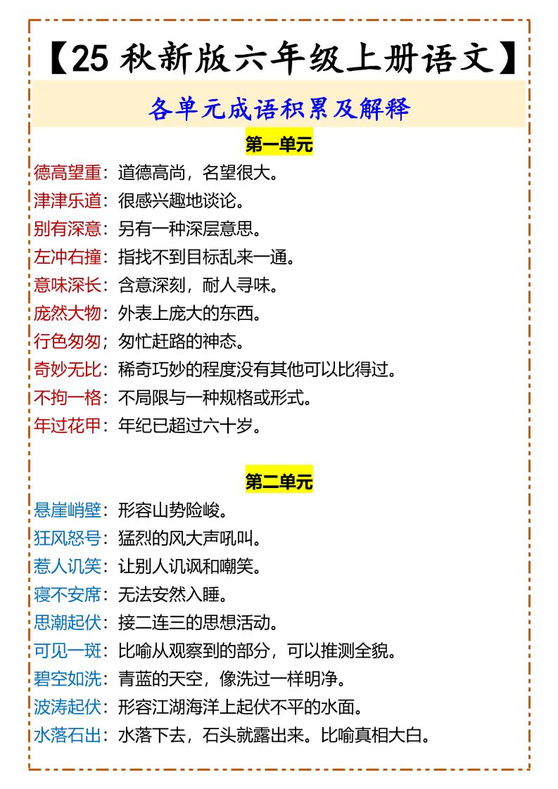 【2025秋新版】【六年级上册语文】各单元成语积累及解释-仙女副业网