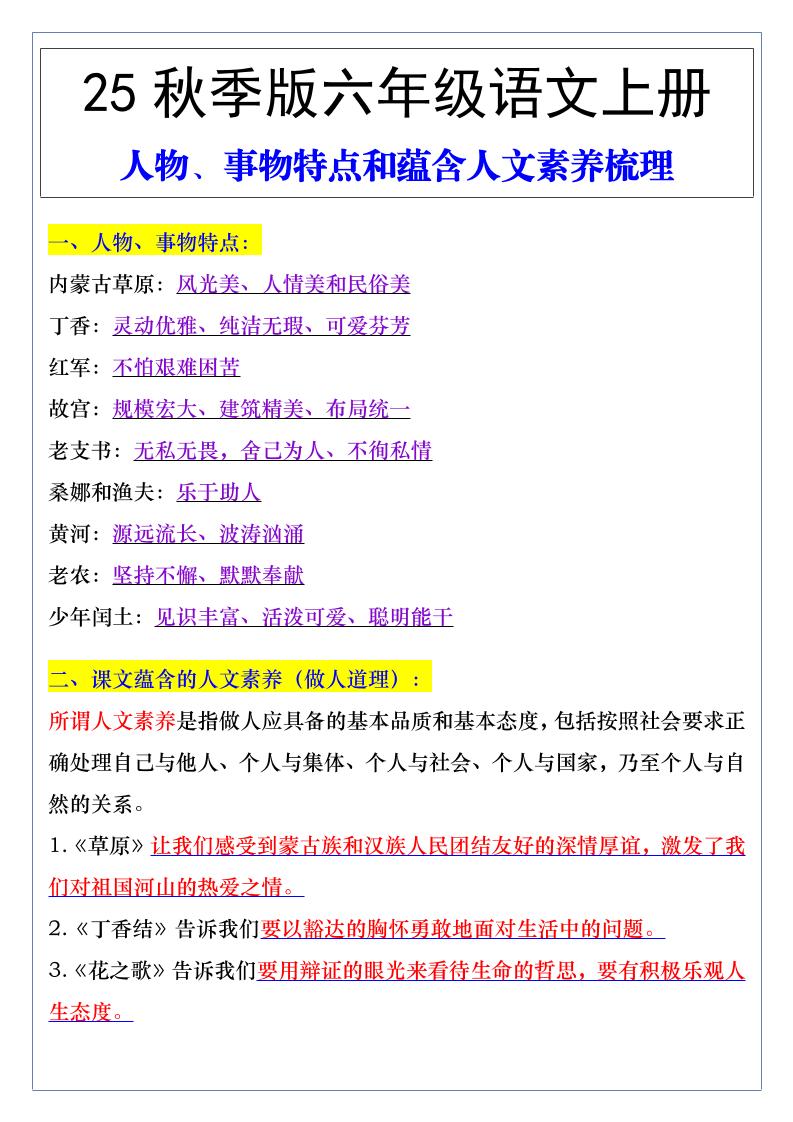 【2025秋新版】六年级语文上册人物、事物特点和蕴含人文素养梳理-仙女副业网