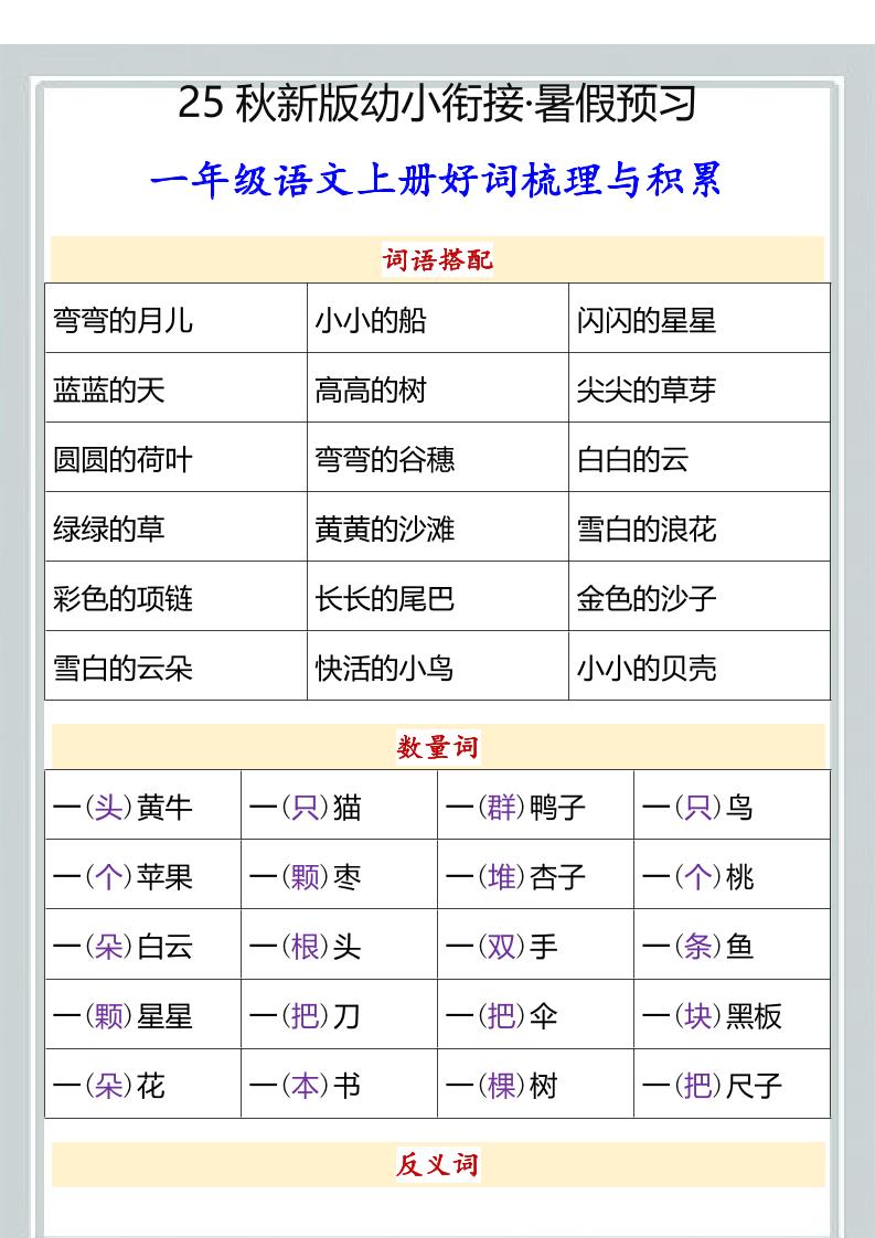 【2025秋新版】幼小衔接一年级语文上册好词梳理与积累-仙女副业网