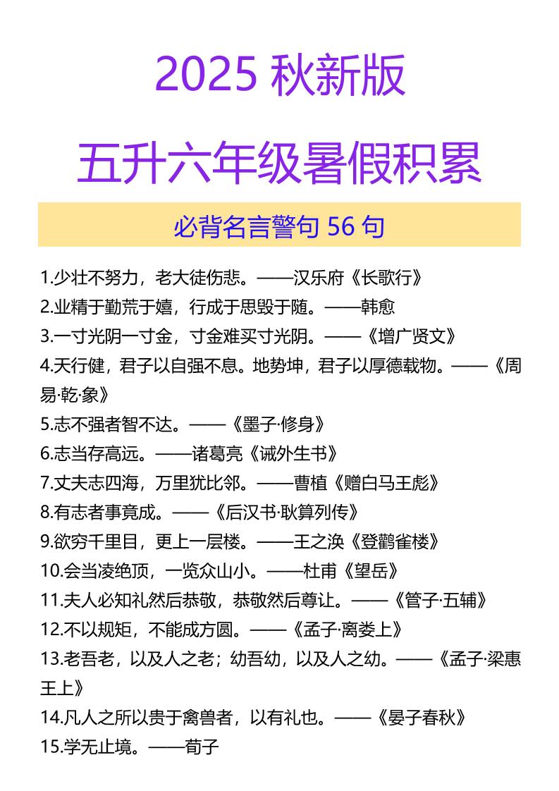【2025秋新版】五升六年级暑假积累必背名言警句56句-六上语文-仙女副业网