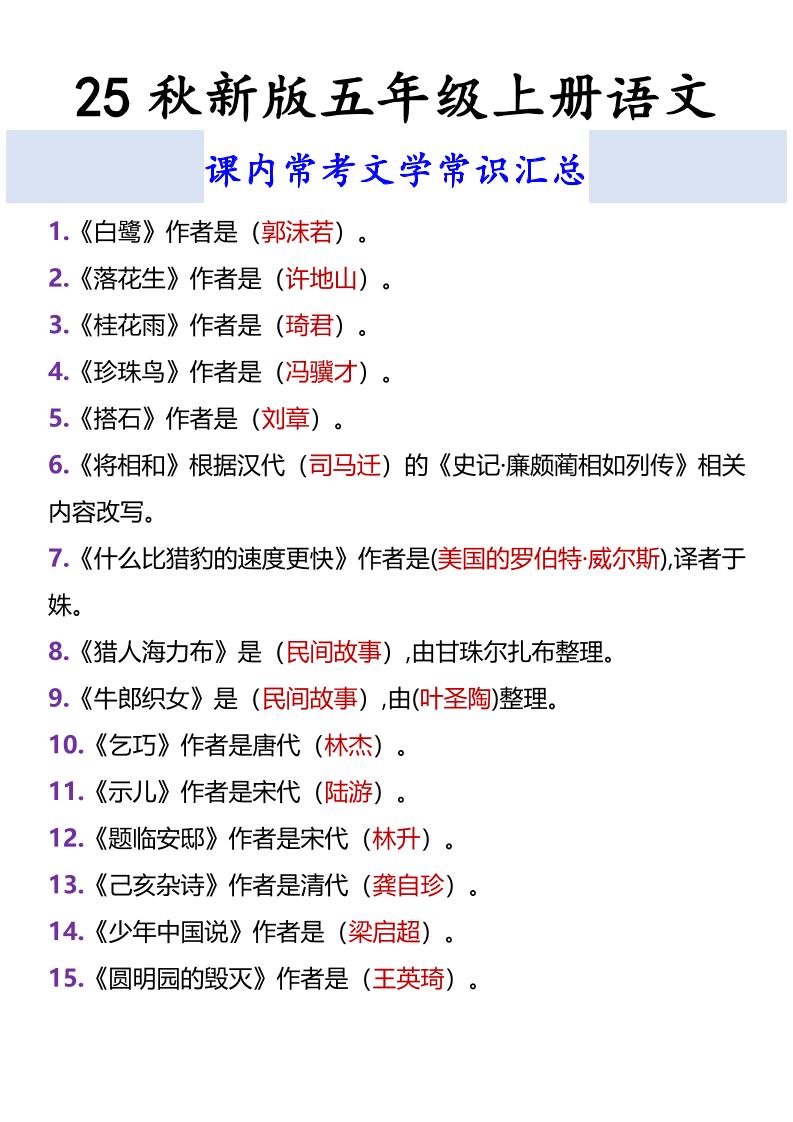 【2025秋新版】五年级上册语文课内常考文学常识汇总-仙女副业网