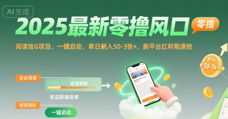 2025最新零撸风口，阅读挂G项目，一键启动，单日躺入 50-3张+，新平台红利期速抢【揭秘】-仙女副业网