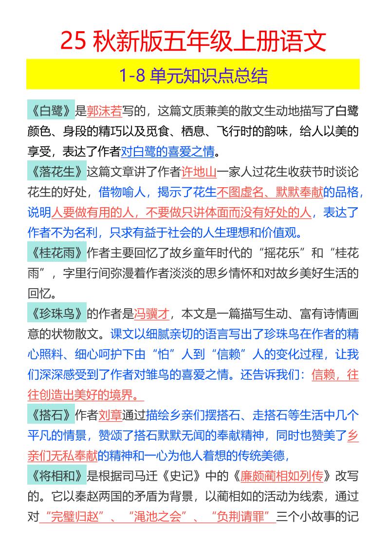 【2025秋新版】五年级上册语文1-8单元知识点总结-仙女副业网