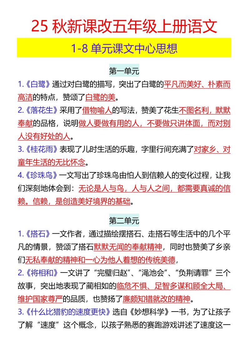 【2025秋新版】五年级上册语文1-8单元课文中心思想-仙女副业网