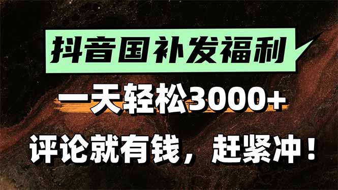 一天轻松3000+，抖音国补福利！评论就有钱，还有额外躺赚！-仙女副业网
