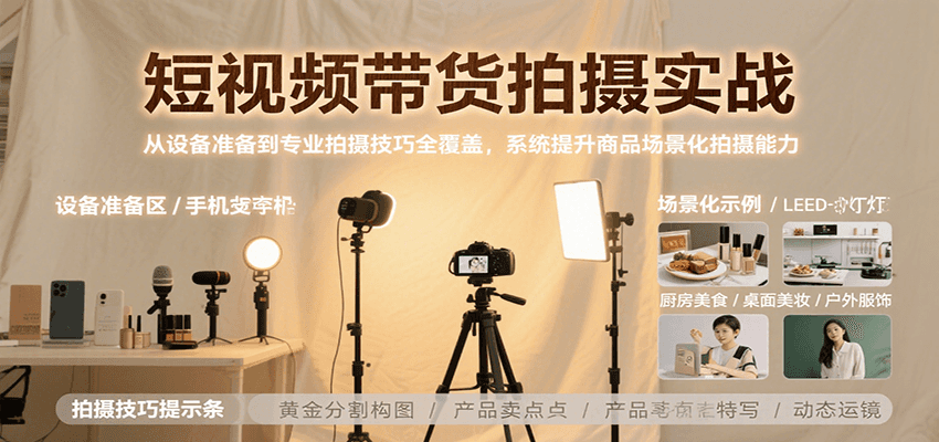 短视频带货拍摄实战，从设备准备到专业拍摄技巧全覆盖，系统提升商品场景化拍摄能力-仙女副业网
