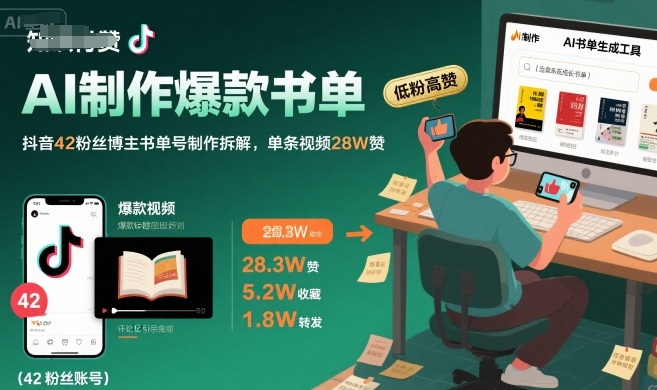AI制作爆款书单，抖音42粉丝博主书单号制作拆解，单条视频28W赞-仙女副业网