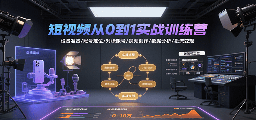 短视频从0到1实战训练营：设备准备/账号定位/对标账号/视频创作/数据分析/投流变现-仙女副业网