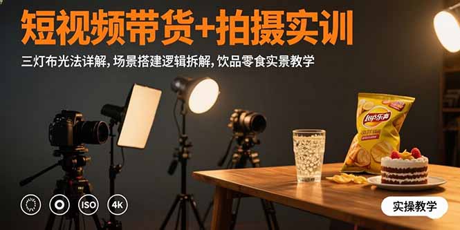 短视频带货+拍摄实训：三灯布光法详解,场景搭建逻辑拆解,饮品零食实景教学-仙女副业网