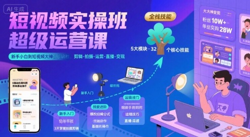 短视频实操班超级运营课，新手小白到短视频大神必修课程，剪辑-拍摄-运营-直播-变现-仙女副业网