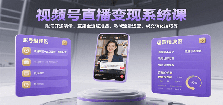视频号直播变现系统课，账号开通装修、直播全流程准备、私域流量运营、成交转化技巧等-仙女副业网