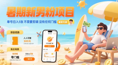 暑期新男粉项目 单号日入5张 不需要剪辑  没有任何门槛-仙女副业网
