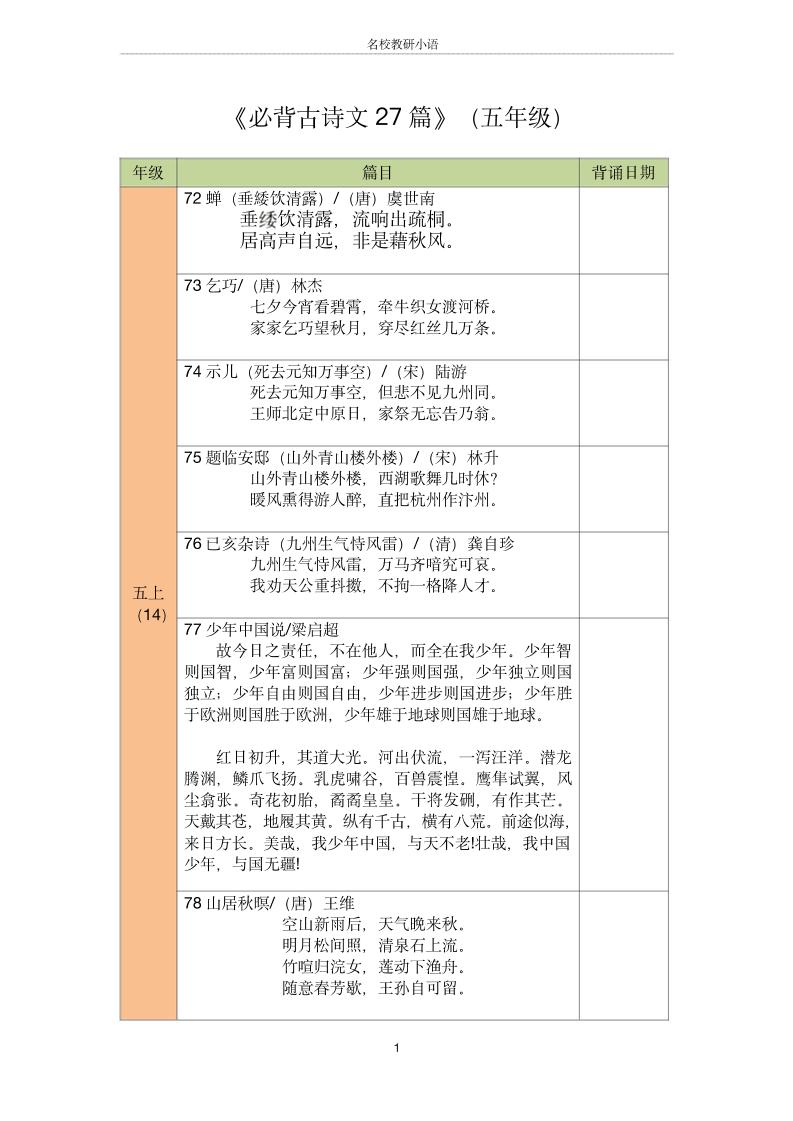 五年级古诗文背诵记录表-五上语文-仙女副业网