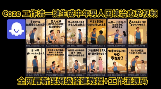 coze工作流一键生成”中年男人困境扎心高涨粉高播放量图文视频”保姆级拆解教程，无需剪辑，无需拍摄写文案-仙女副业网