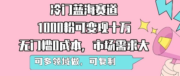 冷门蓝海赛道，1000粉可变现十W，无门槛0成本，市场需求大，可多领域做，可复制性强-仙女副业网