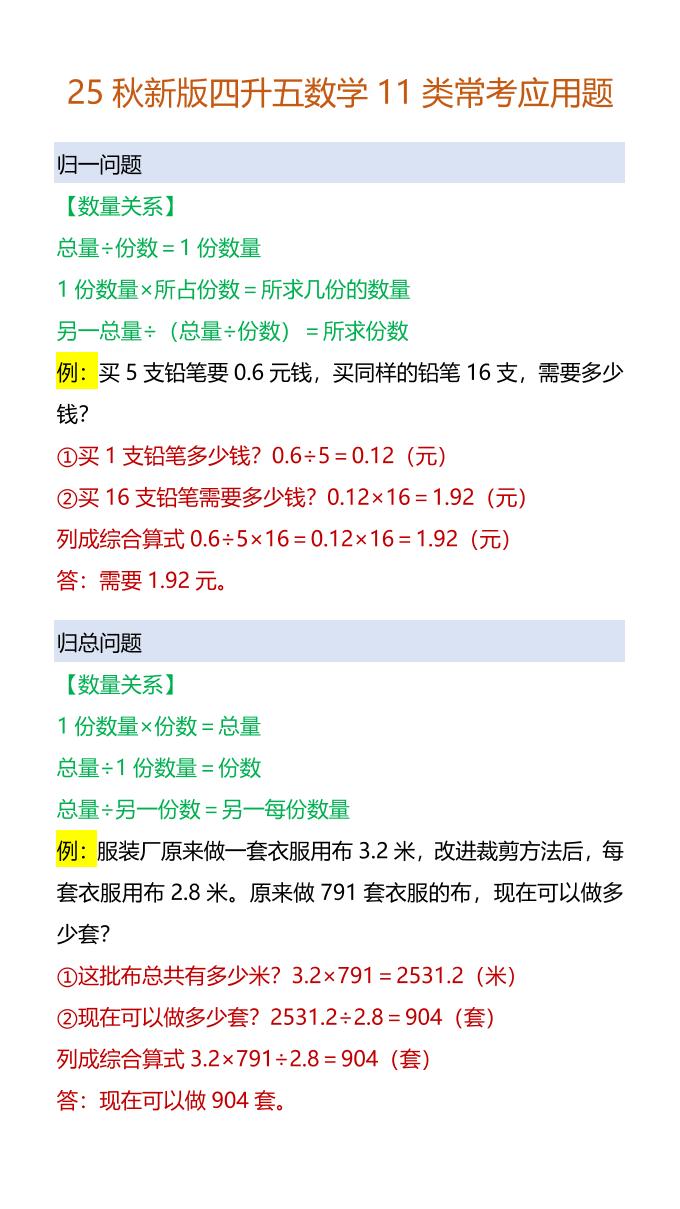 【2025秋新版】四升五数学11类常考应用题-五上数学-仙女副业网