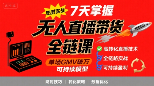 无人直播带货全链防封实战课，7天掌握高转化直播技术，实现单场GMV破万可持续模型-仙女副业网