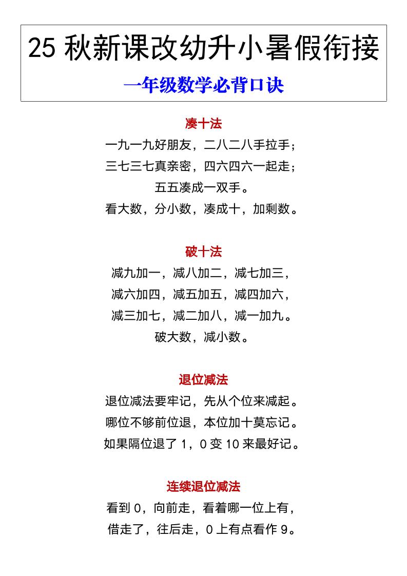 【2025秋新版】幼升小暑假衔接一年级数学必背口诀-一上数学-仙女副业网