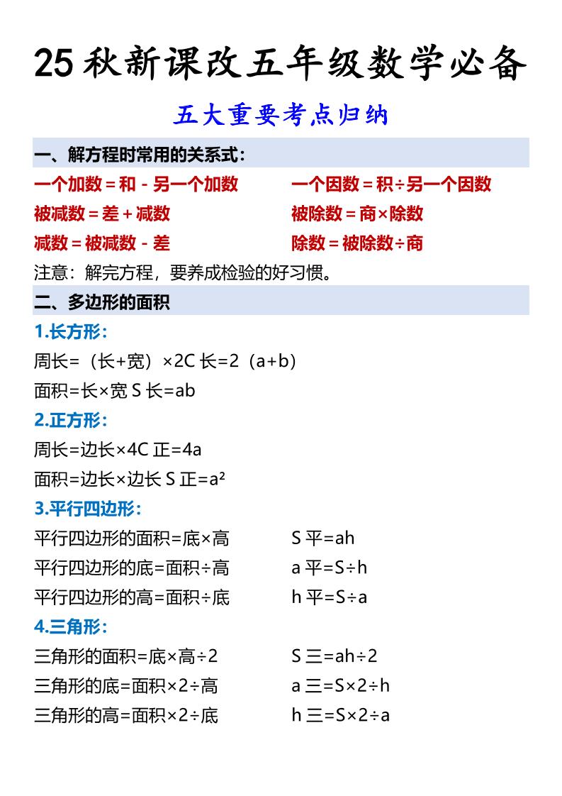 【2025秋新版】五年级数学必备五大重要考点归纳-五上数学-仙女副业网