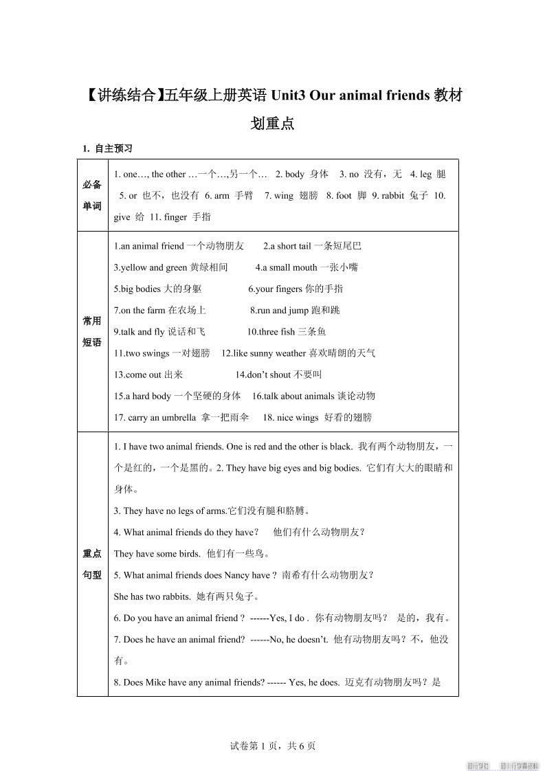 【单元热点难点】译林版（三起）英语五年级上册Unit3Ouranimalfriends教材划重点-仙女副业网