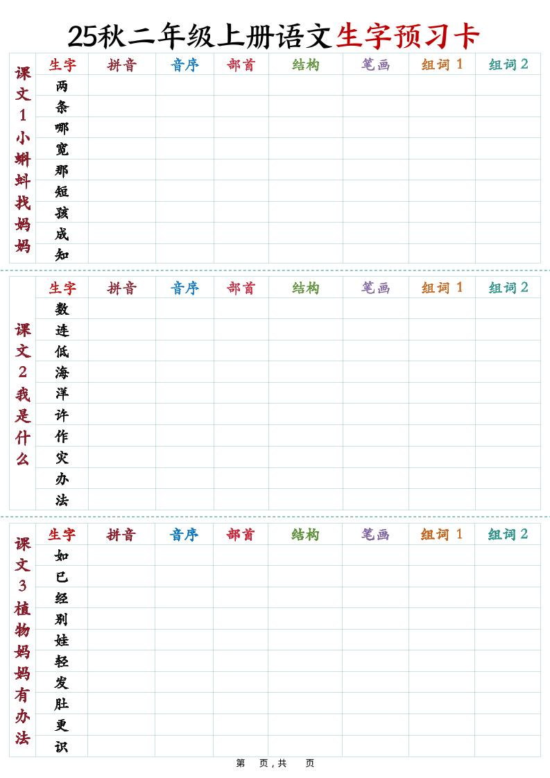 25秋新二上语文生字预习卡（11页）-仙女副业网