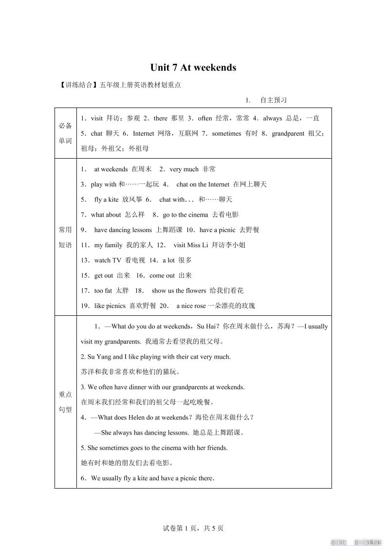 【单元热点难点】译林版（三起）英语五年级上册Unit7Atweekends教材划重点-仙女副业网