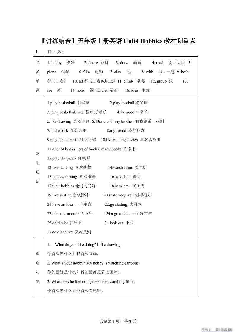 【单元热点难点】译林版（三起）英语五年级上册Unit4Hobbies教材划重点-仙女副业网