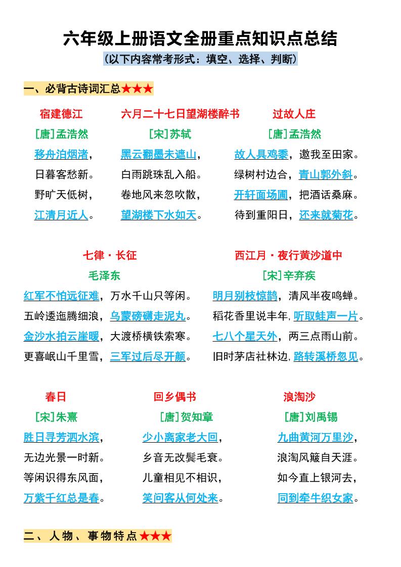 六上语文必背全册重点知识点总结11页-仙女副业网