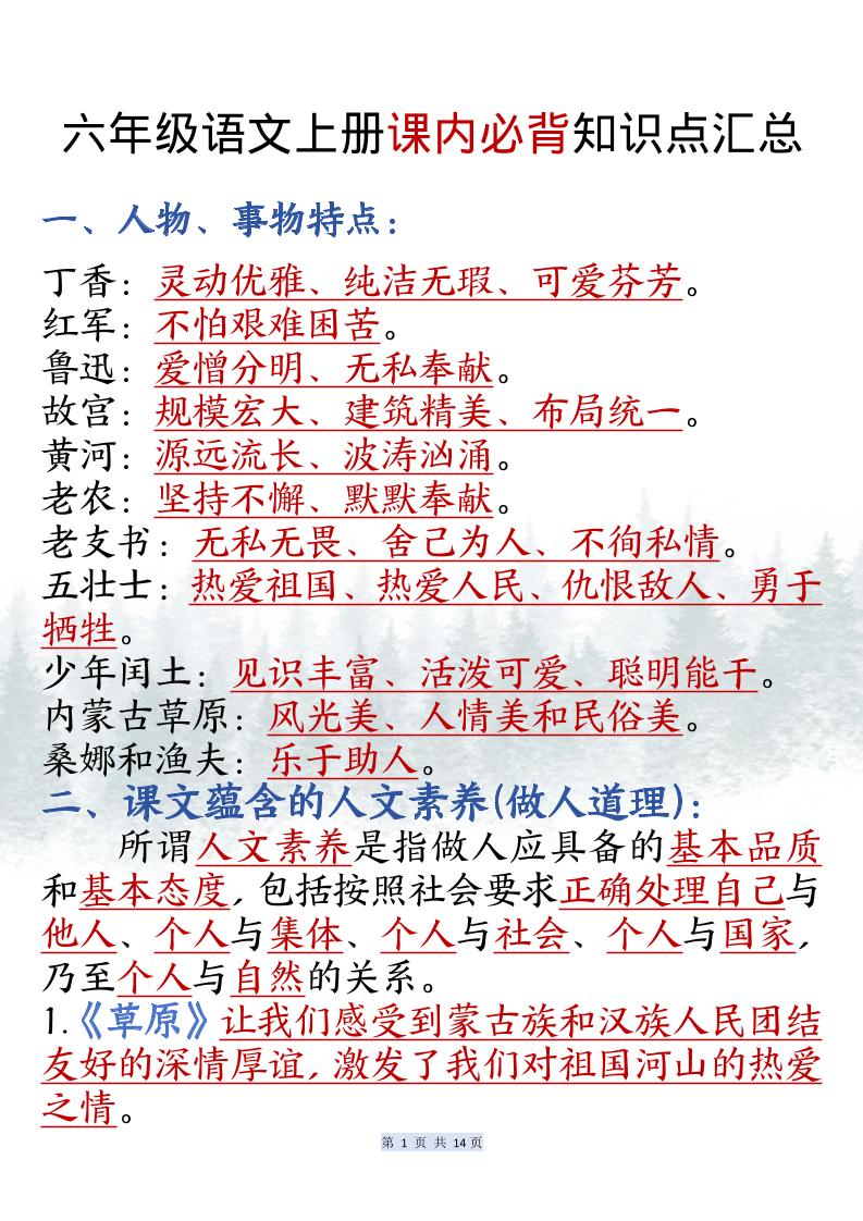 六上语文课内必背知识点汇总（共14页）-仙女副业网