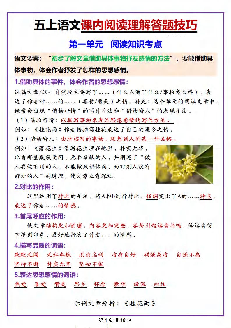 五年级上册语文课内阅读理解答题技巧-仙女副业网