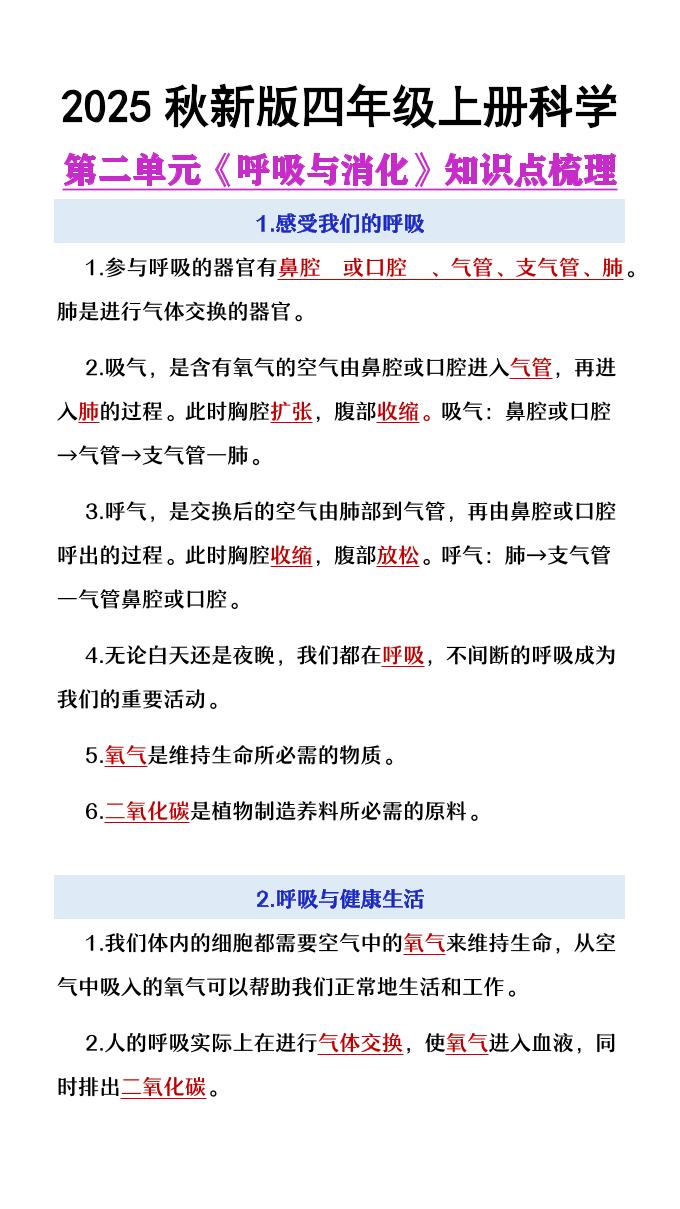 【2025秋新版】四年级上册语文第2单元《呼吸与消化》知识点梳理-仙女副业网