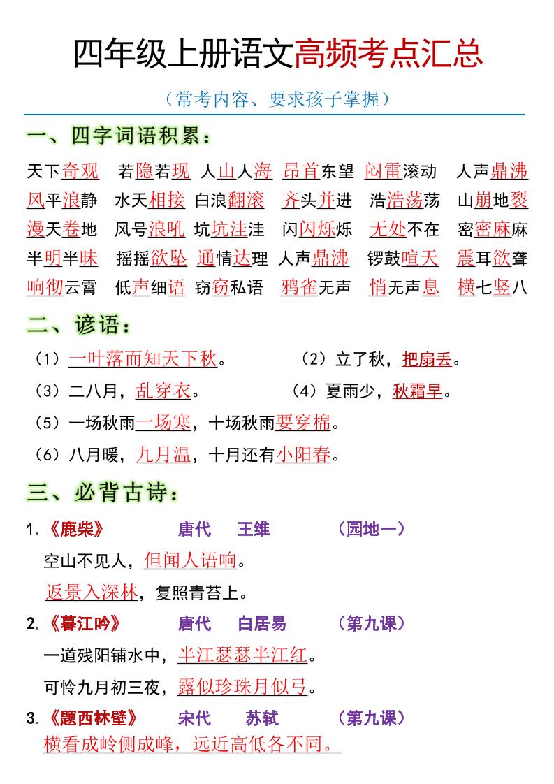 全册高频考点归类（节选）】四上语文-仙女副业网