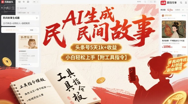 AI生成民间故事，头条号5天1k+，小白轻松上手【附工具指令】-仙女副业网