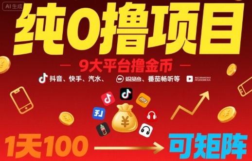 纯0撸项目，9大平台撸金币，抖音，快手，汽水，番茄畅听等，1天100，可矩阵-仙女副业网