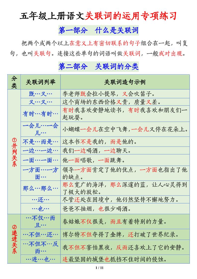 五上语文关联词语的运用专项练习（11页）-仙女副业网