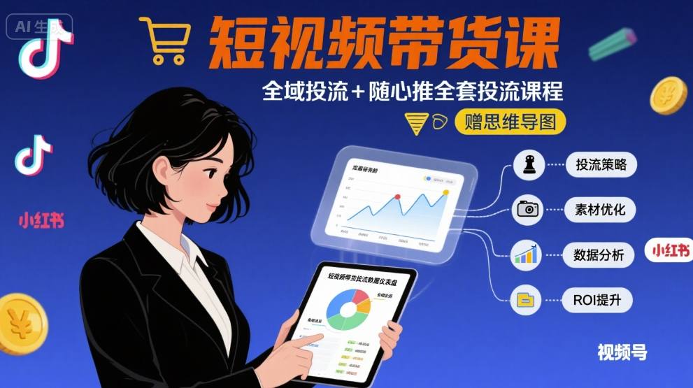 最新短视频带货课，全域投流+随心推全套投流课程+思维导图-仙女副业网
