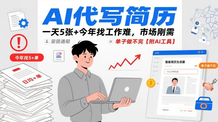 AI代写简历，一天5张+今年找工作难，市场刚需，单子做不完【附AI工具】-仙女副业网
