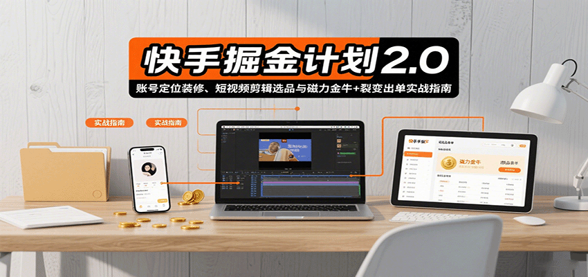 快手掘金计划2.0，账号定位装修、短视频剪辑选品与磁力金牛+裂变出单实战指南-仙女副业网
